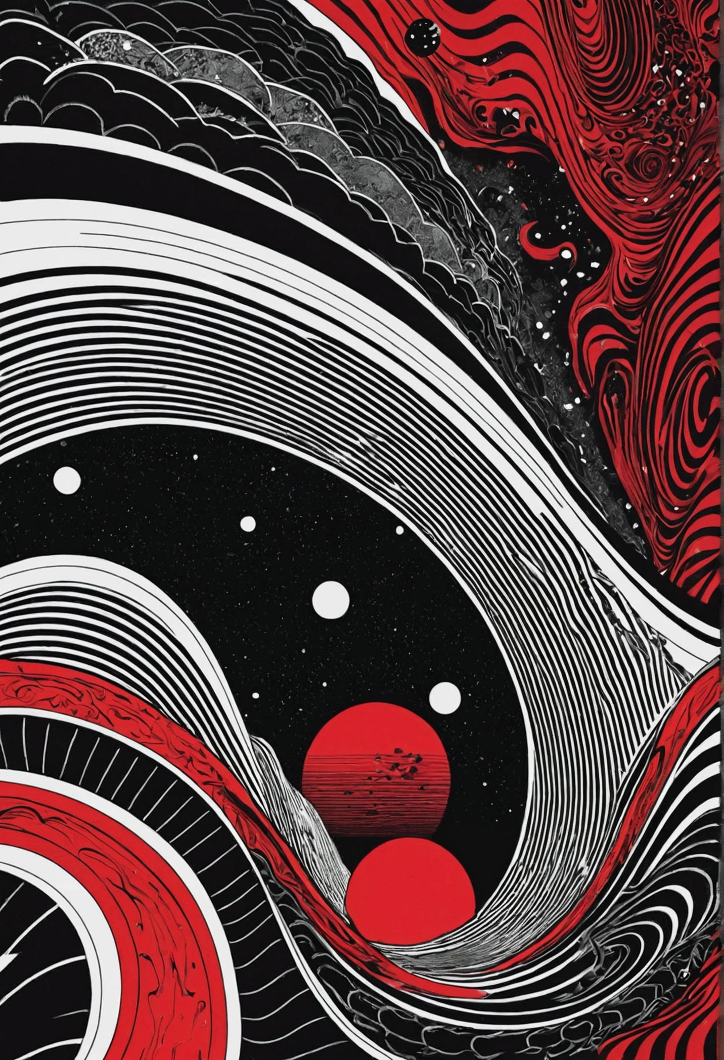 Noise Universe Sonic Attack,Simple background,Asymmetrical psychedelic composition,Award-winning science fiction,Red, black and white waves and psychedelic feeling,author:mobiles,old cover