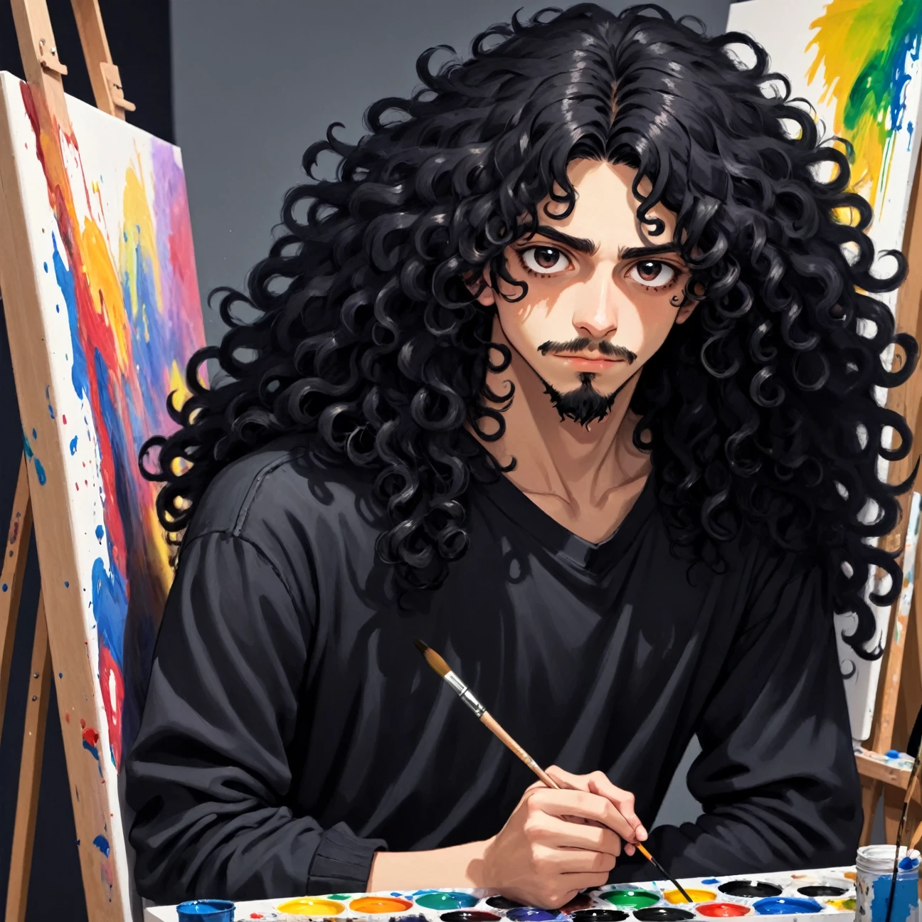 a teenager with long black very curly hair, He has black eyes, he has a small zappa beard, he is painting a canvas with paint, he is wearing a black outfit, studio anime, no estilo de Duskfallcrew e Earthnicity