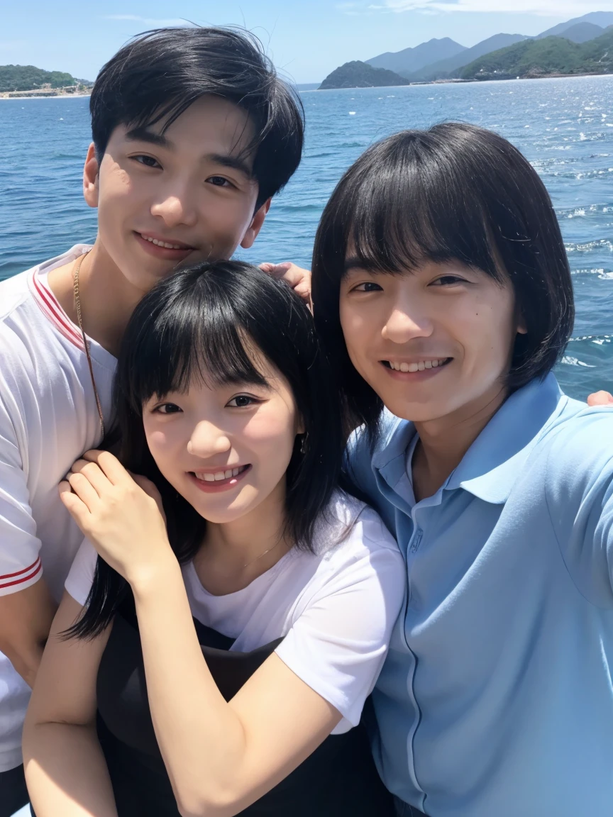 Couple, 1 female(23 years old)、1 male(60 years old), Black Hair、No bangs、Different heights, Detailed eyes, Looking at the audience. They embrace. Daytime sea background、Selfie