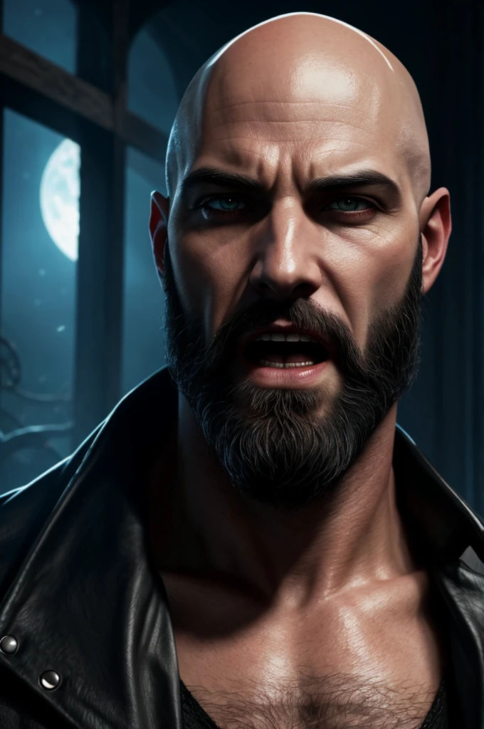 male, bald,scruffy black beard,fire eyes, pale skin, vampire, singing, fantasy art,epic portrait illustration, cinematic realistic , feeding at night , portrait, realistic digital art 4 k, realistic digital art 4k, cinematic digital painting, ultra realistic concept art, very detailed digital painting, 4k concept art and hyper realism, cyberpunk art ultrarealistic 8k, emotional concept art, vampire