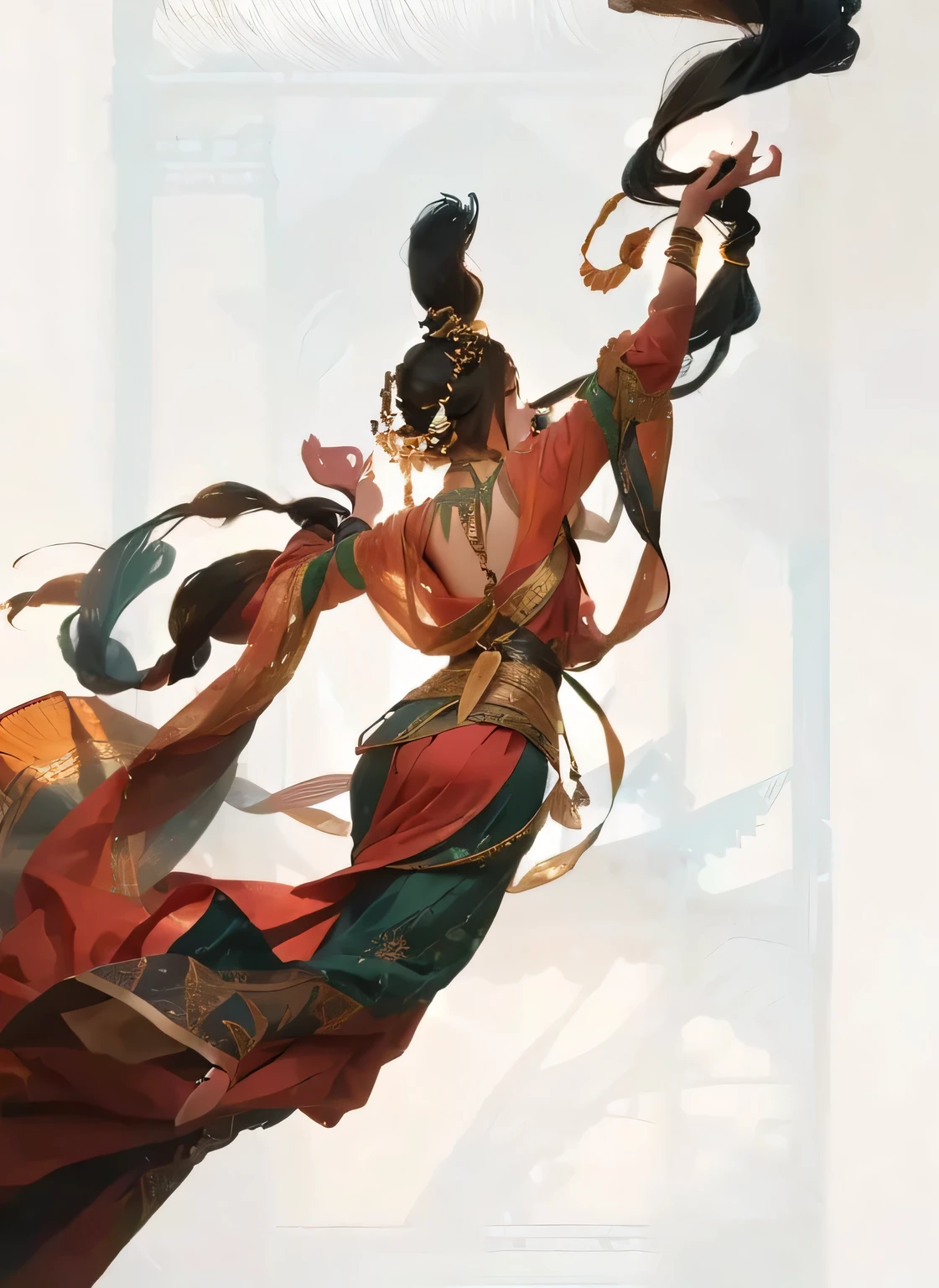 8k,Ultra-clear details,Super beauty,dunhuang,Flying,Sense of story,Super beauty,Clothes fluttering yarn,Flowing Clothing,Yarn woven clothes,Metal jewelry,Hands together,Texture,best quality,8k,Very detailed,masterpiece,Art,Lighting,Backlight,Rim Light,Skin Texture,Skin shiny