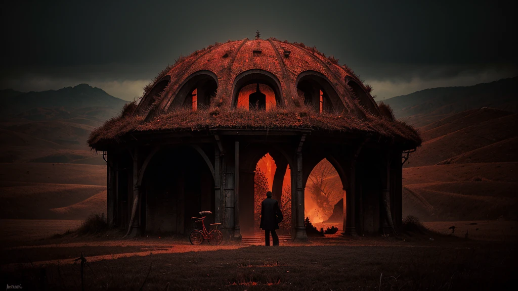 Zdzislaw Beksinski and album covers, romantic, Surrealism, of the future ,devil, abstract, dark, red, hell, terrain, Horizontal image, devil ,bicycle,Mythical animals,Bobo Eyes