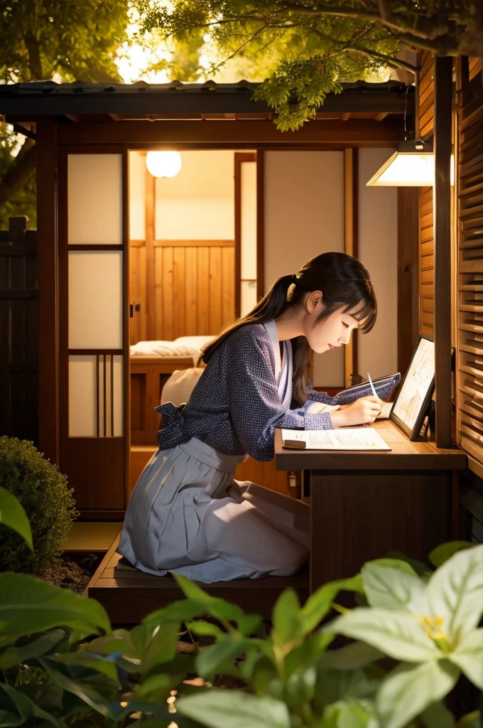 Japanese-style house Girl reading at desk anime Summer night garden outside the window