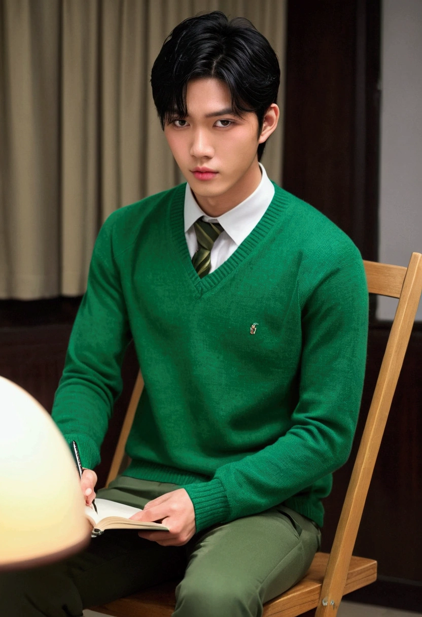Best quality)), ((masterpiece)), (detailed), 1 hot and handsome but tall asian boy with milky white skin tone, light brown but black hair, light pink lips, wearing green half sweater with green tie with ash colored pant and sitting on chair and doing homework on table full body pic from right shoulder side in night scenerio raining heavily outside