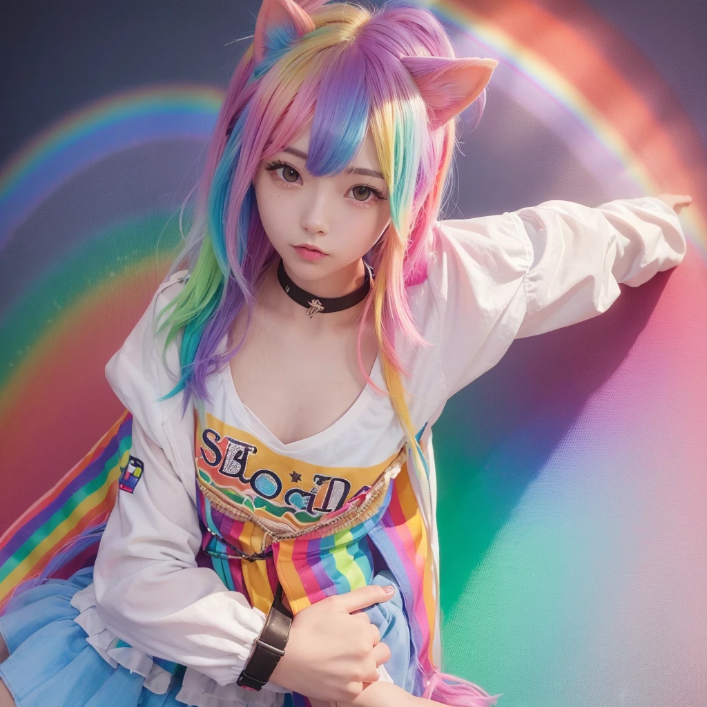 Gal　Cute Girls　(rainbow color hair:1.3)　　Dog ears