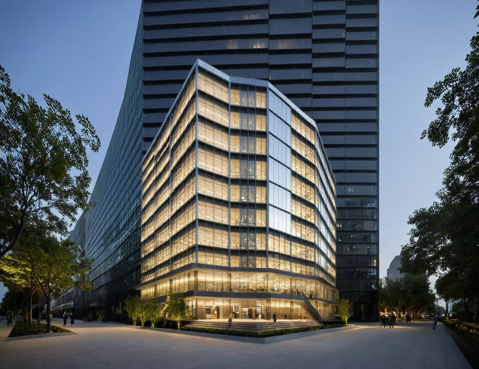modern office building, modern style, modern, dynamic (RAW photo, real, best quality, masterpiece:1.2), (hyper realistic, photo-realistic:1.2), high quality, (dark lighting:1.2), perfect lighting, archdaily, architecture digest award wining sustainable architecture, cinematic, Building height: 8-10 stories, Facade: Low-e glass combined with a hexagonal louver system, Sleek, modern design with a predominantly glass facade, Hexagonal louvers creating a distinctive pattern across the building's surface, Main entrance with a canopy or architectural feature to mark the entry point, Possible rooftop terrace or green roof element, Urban setting with other mid-rise buildings nearby, Wide sidewalk in front of the building with some landscaping, Street view showing neighboring structures and city life, Possibly include trees or green spaces around the building, Bustling city environment with pedestrians and vehicles, Reflections of the surroundings on the glass facade, Interplay of light and shadow created by the hexagonal louvers, Overall impression of a harmonious blend between the building and its urban context