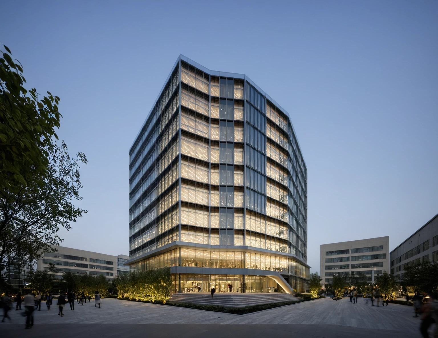 modern office building, modern style, modern, dynamic (RAW photo, real, best quality, masterpiece:1.2), (hyper realistic, photo-realistic:1.2), high quality, (dark lighting:1.2), perfect lighting, archdaily, architecture digest award wining sustainable architecture, cinematic, Building height: 8-10 stories, Facade: Low-e glass combined with a hexagonal louver system, Sleek, modern design with a predominantly glass facade, Hexagonal louvers creating a distinctive pattern across the building's surface, Main entrance with a canopy or architectural feature to mark the entry point, Possible rooftop terrace or green roof element, Urban setting with other mid-rise buildings nearby, Wide sidewalk in front of the building with some landscaping, Street view showing neighboring structures and city life, Possibly include trees or green spaces around the building, Bustling city environment with pedestrians and vehicles, Reflections of the surroundings on the glass facade, Interplay of light and shadow created by the hexagonal louvers, Overall impression of a harmonious blend between the building and its urban context