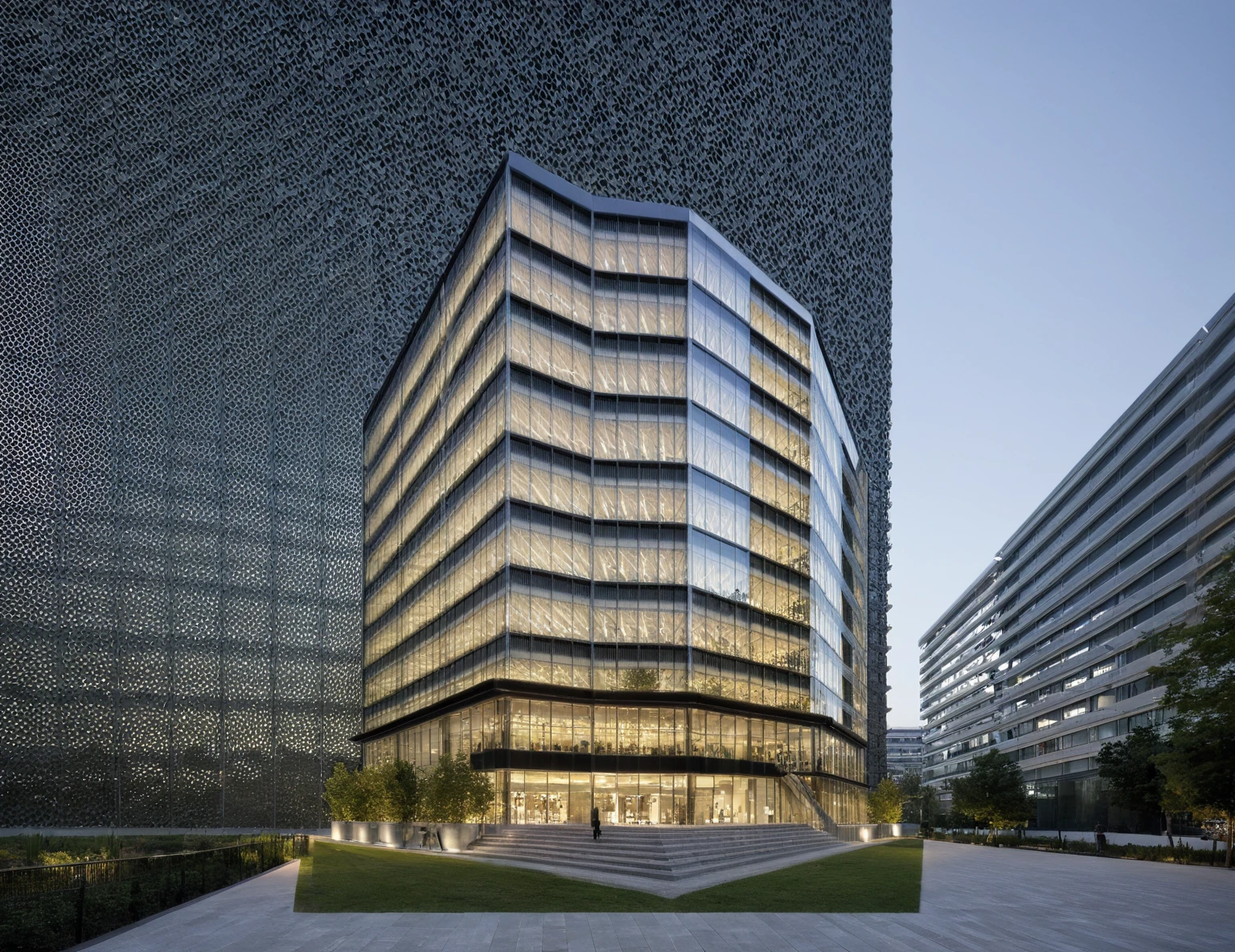 modern office building, modern style, modern, dynamic (RAW photo, real, best quality, masterpiece:1.2), (hyper realistic, photo-realistic:1.2), high quality, (dark lighting:1.2), perfect lighting, archdaily, architecture digest award wining sustainable architecture, cinematic, Building height: 8-10 stories, Facade: Low-e glass combined with a hexagonal louver system, Sleek, modern design with a predominantly glass facade, Hexagonal louvers creating a distinctive pattern across the building's surface, Main entrance with a canopy or architectural feature to mark the entry point, Possible rooftop terrace or green roof element, Urban setting with other mid-rise buildings nearby, Wide sidewalk in front of the building with some landscaping, Street view showing neighboring structures and city life, Possibly include trees or green spaces around the building, Bustling city environment with pedestrians and vehicles, Reflections of the surroundings on the glass facade, Interplay of light and shadow created by the hexagonal louvers, Overall impression of a harmonious blend between the building and its urban context