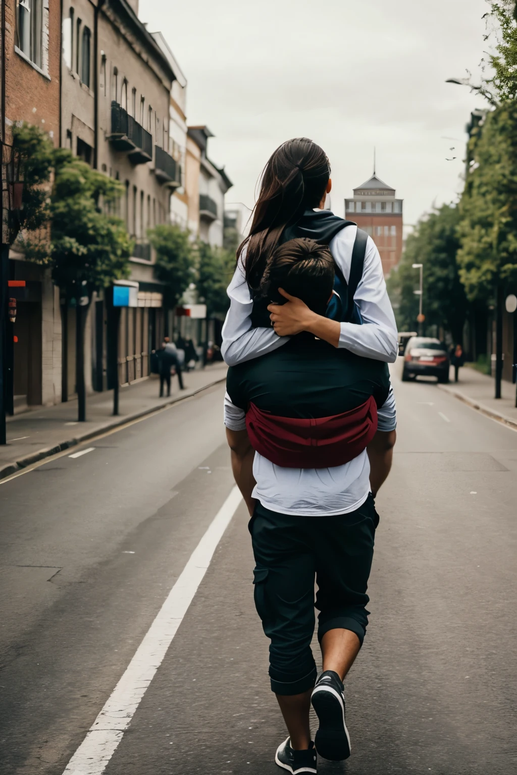 A man walks with a girl on his back.