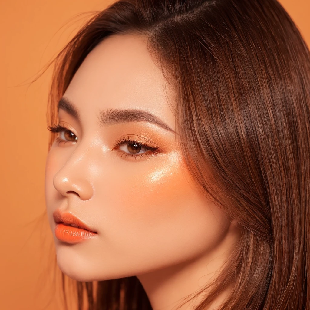 A close-up profile portrait of a Japanese woman in a studio setting, her face and gaze directed to her right (viewer's left). Her expertly styled hair complements her warm-toned makeup.
The makeup is centered around vibrant, orange-based tones:
Eyes: Her visible eye is adorned with a gradient of warm eyeshadows, ranging from a soft peach to a deeper burnt orange in the crease. A touch of shimmering gold highlights the inner corner and center of the lid. Her eyeliner is a rich bronze, softly smudged for a sultry effect.
Eyelashes: Voluminous and perfectly curled lashes are coated with deep brown mascara, adding depth and drama to her gaze.
Eyebrow: Her eyebrow is well-defined and filled with a warm brown shade that complements the orange tones of her makeup.
Cheeks: A coral-orange blush is applied to the apples of her cheeks, extending towards her temples for a sun-kissed glow.
Lips: Her lips are painted with a luscious orange-tinted lip color, perhaps a warm terracotta or a juicy tangerine shade. The finish is glossy, adding dimension and allure.
Her skin has a dewy finish, enhancing the warm, summery vibe of the makeup. The portrait stops at her shoulders, with no hands visible.
The studio lighting is warm and golden, further amplifying the orange tones of her makeup. It creates a soft, flattering glow on her skin and highlights the dimensional aspects of her eye makeup.
The background is a clean white, which allows the warm, orange-based makeup to pop and become the focal point of the image. There are no other elements in the background, ensuring all attention is on the subject and her vibrant makeup.