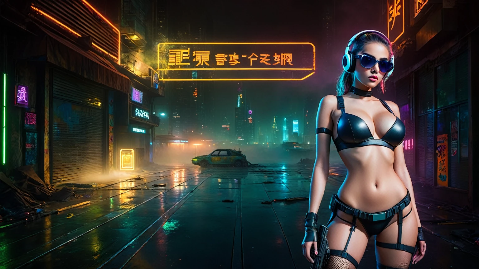 dark futuristic landscape, at night, neon lights, Atmospheric fog, large buildings in the background, futuristic city, streets with open shops, skyscraper (postapocalyptic city:1.3). (((1girl, solo, alone))), large-breast:1.2 slim body, cleavage:1.1, sexy miniskirt, (((headphone, black sunglasses, standing and holding pistol pose))), (((half-body thigh level medium shot))), cinematic lighting, lens flare, ray tracing.