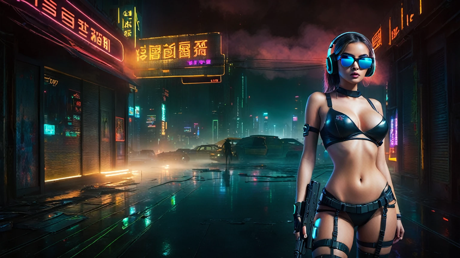dark futuristic landscape, at night, neon lights, Atmospheric fog, large buildings in the background, futuristic city, streets with open shops, skyscraper (postapocalyptic city:1.3). (((1girl, solo, alone))), large-breast:1.2 slim body, cleavage:1.1, sexy miniskirt, (((headphone, black sunglasses, standing and holding pistol pose))), (((half-body thigh level medium shot))), cinematic lighting, lens flare, ray tracing.