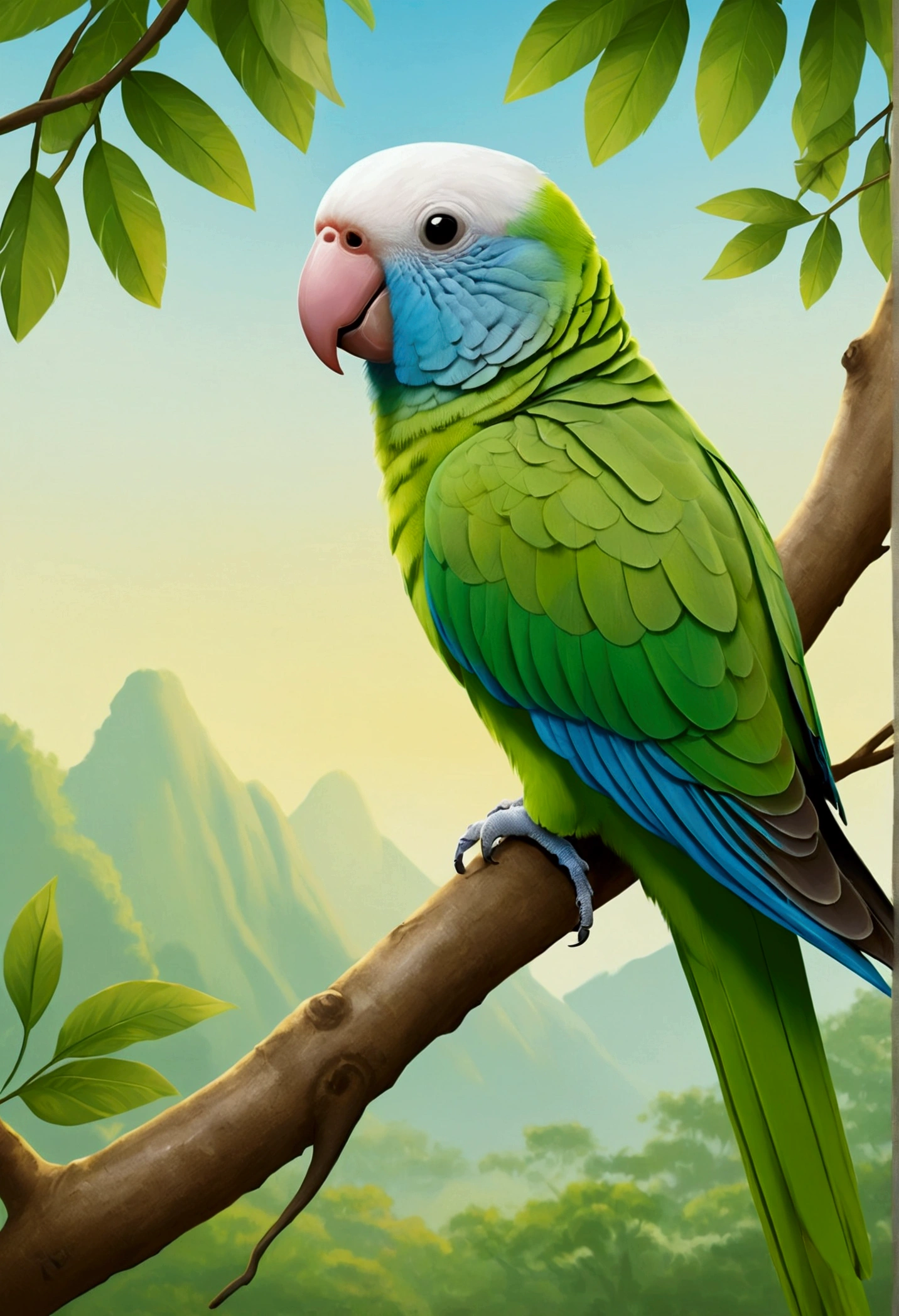 "Create an anime-style illustration of a Quaker parrot (Monk parakeet) with distinctive coloring: the upper half of its head down to its belly should be white, while the rest of its body is bright green. The parrot should have big, expressive eyes and a cute, playful expression. Depict the parrot in a fun and lively pose, perhaps perched on a tree branch or interacting with a toy. The background should be colorful and vibrant, featuring a cheerful and sunny natural setting with lush greenery and a clear sky. The overall art style should be similar to that of popular Japanese animators, with attention to detail and a focus on the bird's adorable and social personality."