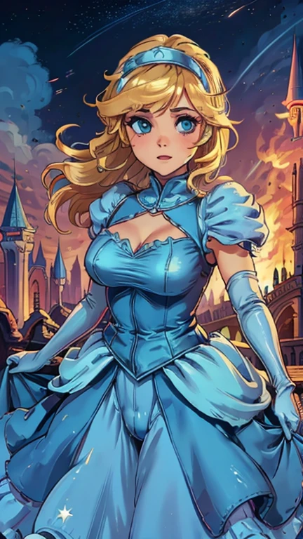(Dominican: Caribbean:1girl: Cinderella,Superhero), (extremely detailed CG unit 8k wallpaper),(master part), (best quality), (ultra detali), (best illustration),(melhor ombre), cowboy shot, (Sharp eyeliner, ombre, detailedeyes:1), Disney Castle background, ,break , (star15escola:1.2), hair ornament,short hair ,blonde hair, 