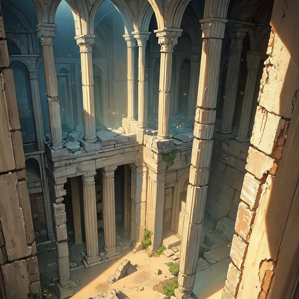 ((((No humans))))、Best illustrations、Best Quality、(Ancient ruins、desert、Grass)、floor、(middle ages)、battlefield、rubble、destruction、(The glittering interior of the temple、indoor)、From above、Hole in the ceiling
