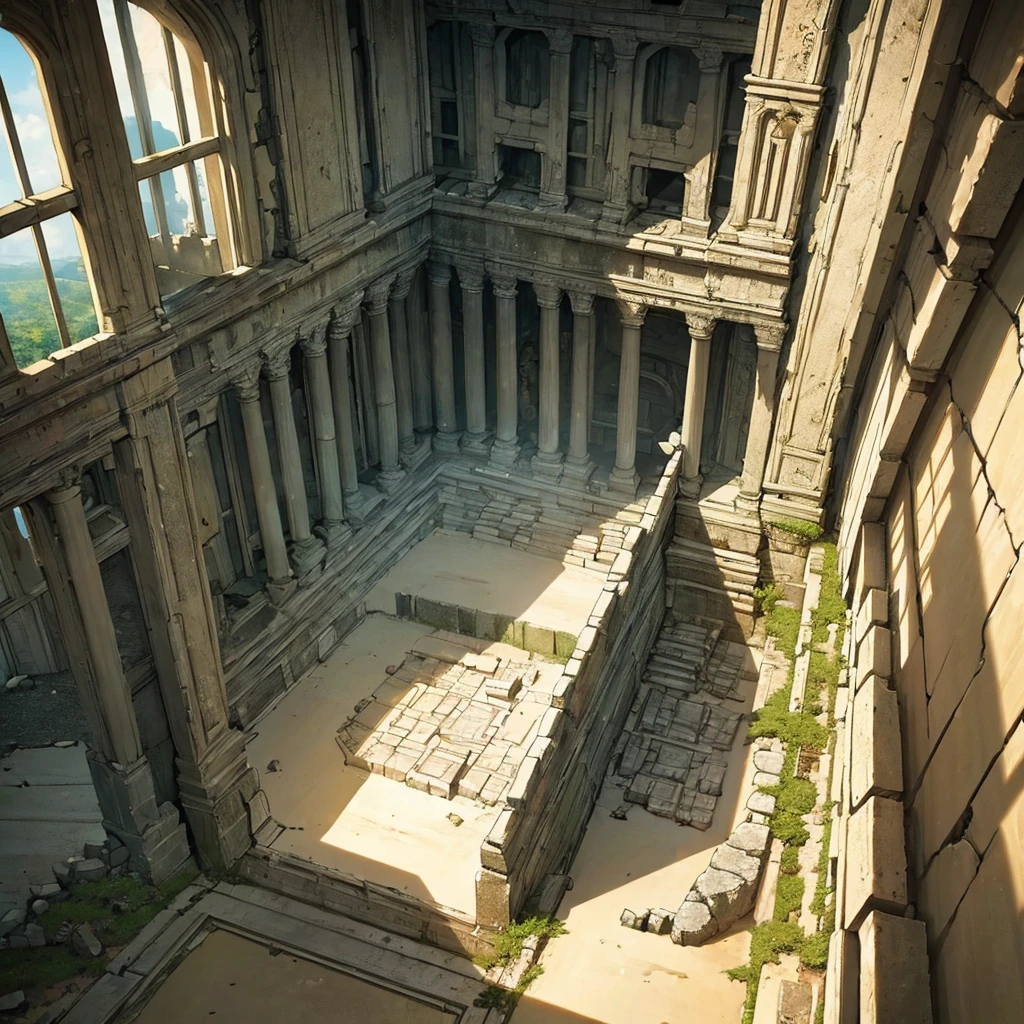 ((((No humans))))、Best illustrations、Best Quality、(Ancient ruins、desert、Grass)、floor、(middle ages)、battlefield、rubble、destruction、(The glittering interior of the temple、indoor)、From above、Hole in the ceiling
