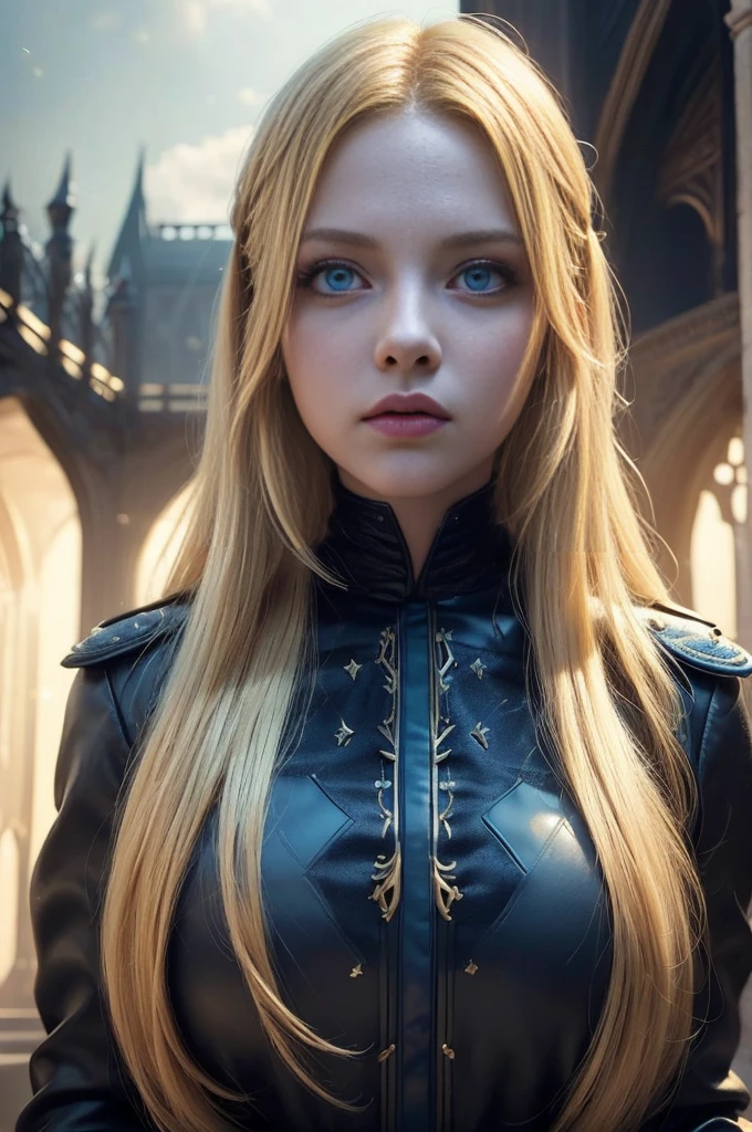 (extremely detailed CG unity 8k wallpaper,masterpiece, best quality, ultra-detailed),(best illumination, best shadow, an extremely delicate and beautiful),floating,high saturation,blonde hair+blue eyes:1.2,gloomy gothic scenery, long hair, gaze into the distance. (A beautiful girl with long blonde hair and blue eyes sparkling gothic lighting)