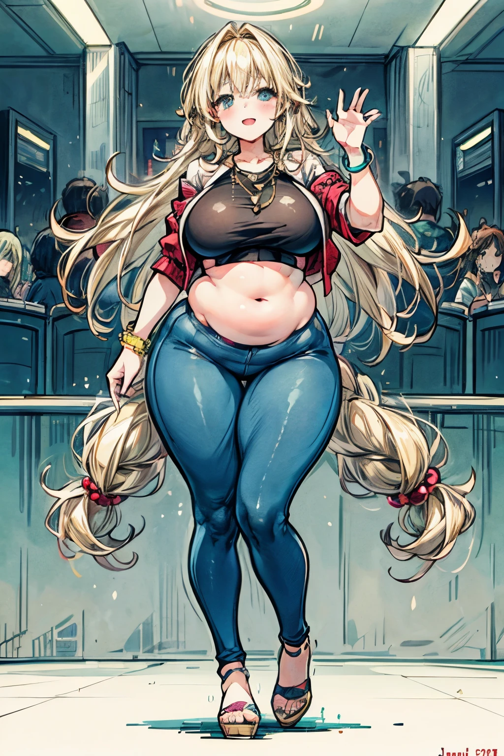 Plus size anime girl with long blonde hair at a nightclub with an attractive man. Small dress, sexy dress tight dress latex dress
Beautiful plus size anime girl, fashionable overweight girl, pretty, large breasts, wide hips, big tummy, large stomach, cute stomach bump, fashion, outfit, cool pretty clothes, long hair, waist length hair, blonde hair, straight hair, stomach rolls, back rolls, fat, overweight, jewlery, lots of accessories, Accessories, necklace, jewelry, earrings, necklace, bracelet, rings, full body drawing, drawing from a distance, 