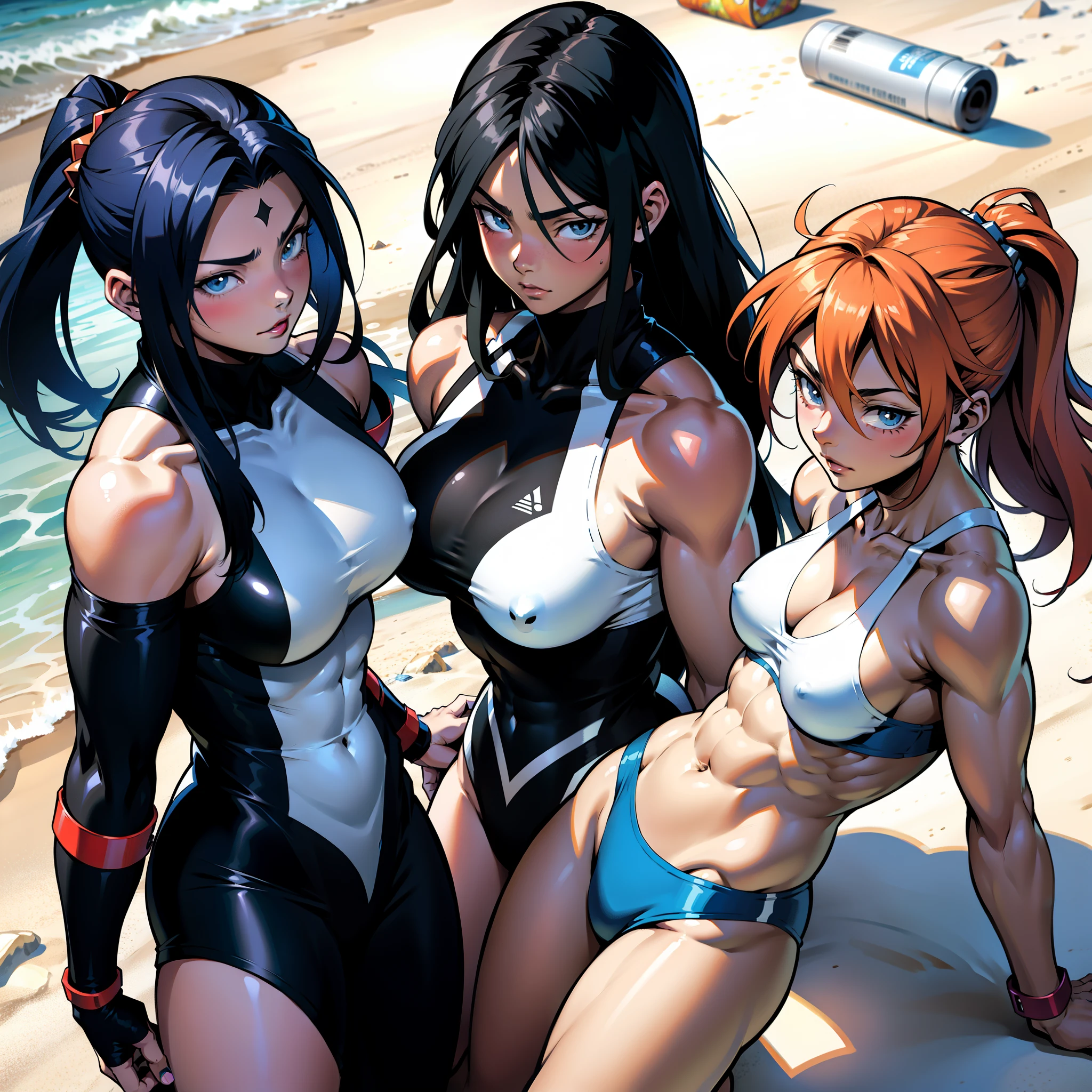 アニメ cel-shading (female (amazones)), muscle, on the beach in ((anime + manga + comics + cartoon) style)