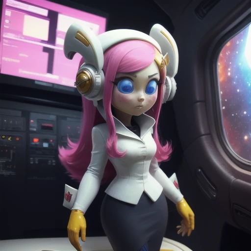 Susie Haltmann, Susie (Kirby), Planet Robobot, Pink Hair, Long hair, Blue eyes, Blue Sclera, Gold hair clip, Secretary, Robot Girl, White Shirt, Grey Skirt, Pencil Skirt, Dress Skirt, Orange Gloves, White cuffs, Headphones, Robot ears, Antennae, in a spaceship, galaxy through the windows