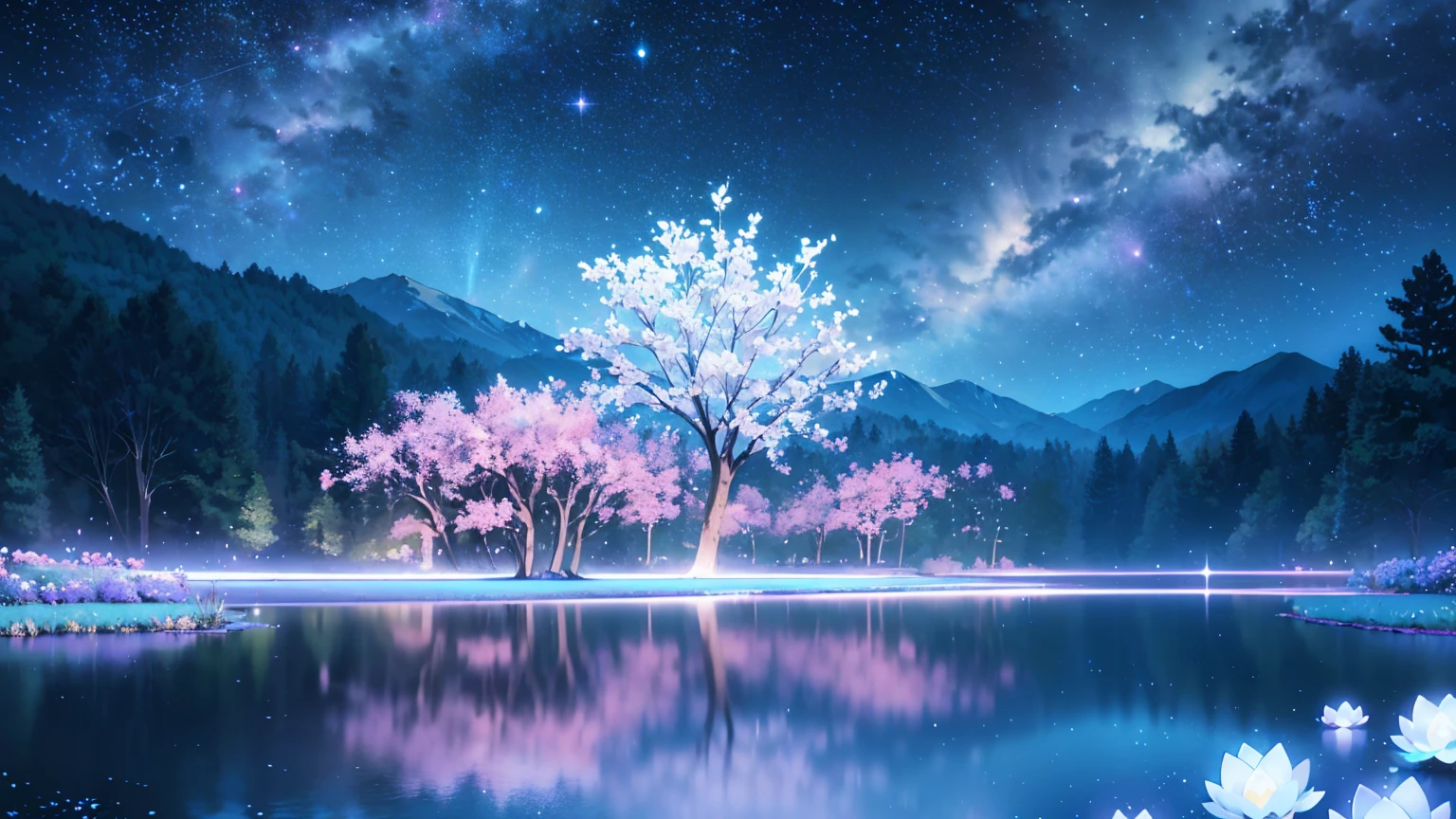 Mystical landscape with ((luminous starry blue and white flowers emitting light particles surrounding pond)),softly glowing butterflies, (one beautiful vivid purple sakura tree), (((unique view with extremely vivid multicolors without any people))), {extremely detailed 16k CG unity wallpaper}, expansive natural landscape photography, (wide open field view), (low angle shot),complex details, (iridescent colors: 1.6), (dark night lighting), (atmospheric lighting), Dreamy, unique, no people, reflections perfect,(no humans),landscape only, pixiv_fantasia,((starry glittering pond,water filled with shimmering stardust)),dark night