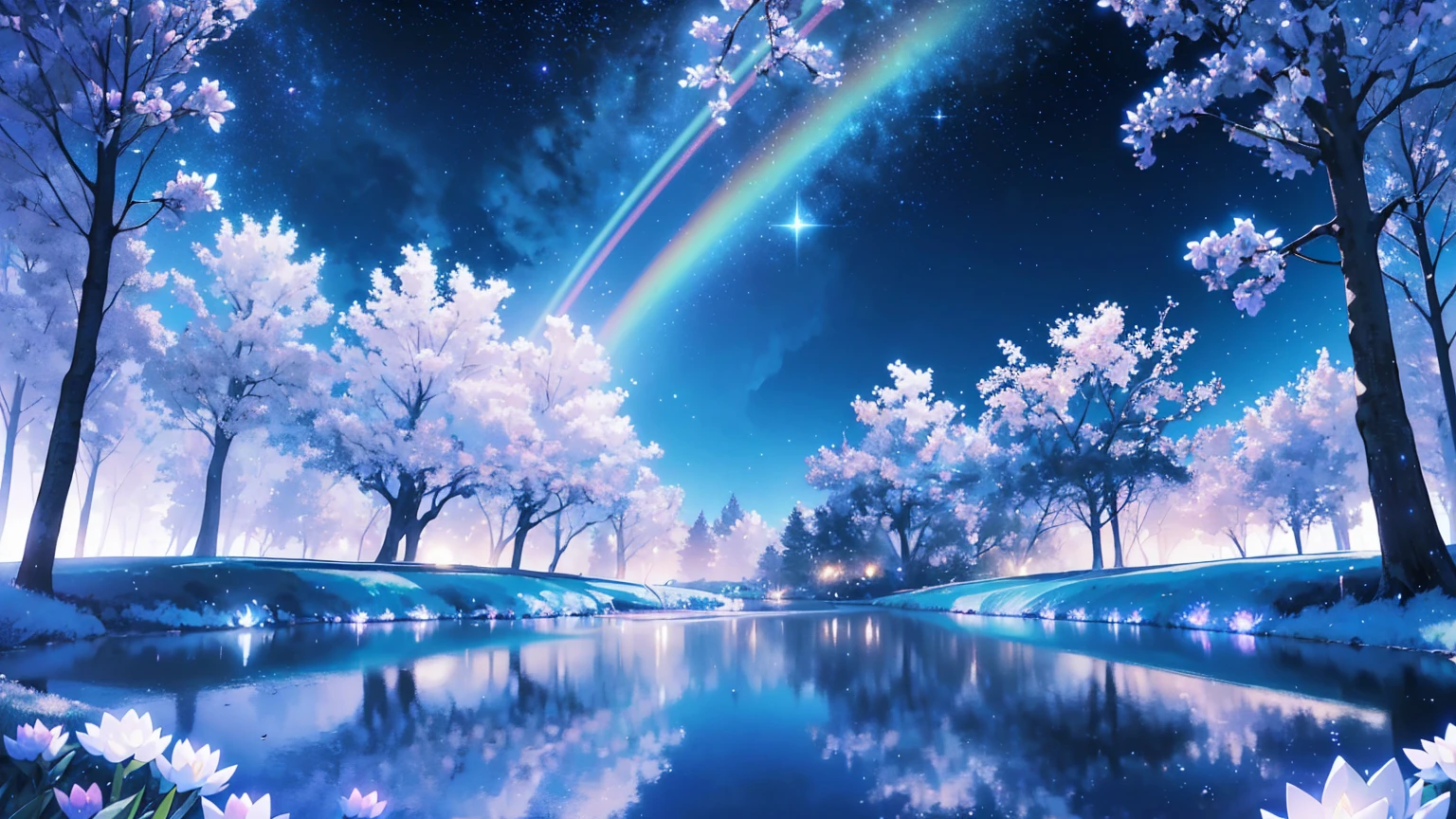 Mystical landscape with ((luminous starry blue and white flowers emitting light particles surrounding pond)),softly glowing butterflies, (one beautiful vivid purple sakura tree), (((unique view with extremely vivid multicolors without any people))), {extremely detailed 16k CG unity wallpaper}, expansive natural landscape photography, (wide open field view), (low angle shot),complex details, (iridescent colors: 1.6), (dark night lighting), (atmospheric lighting), Dreamy, unique, no people, reflections perfect,(no humans),landscape only, pixiv_fantasia,((starry glittering pond,water filled with shimmering stardust)),dark night