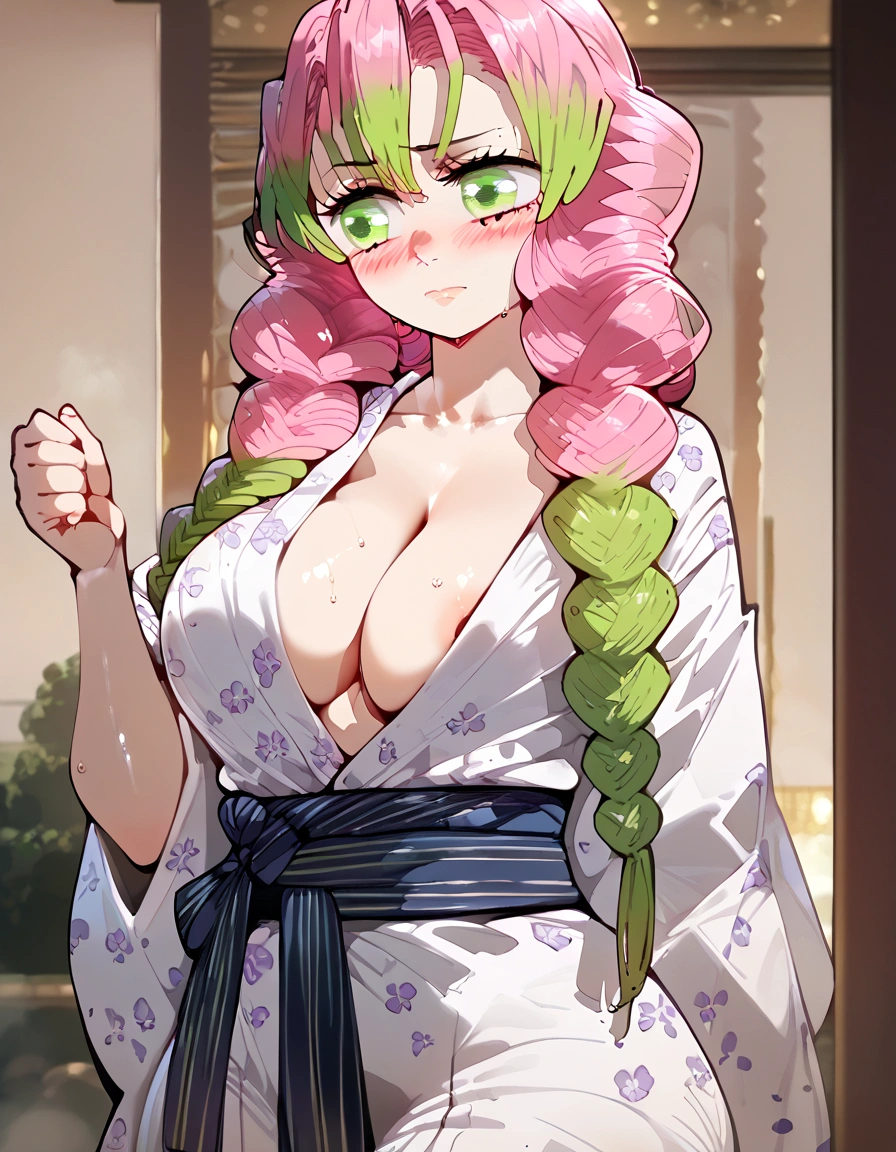 score_9, score_8_up, score_7_up, score_6_up, score_5_up, score_4_up, 1girl, ChopioMitsuri, long hair, pink hair, green hair, twin braids, multicolored hair, green eyes, eyelashes, mole under eye, breasts,  , kimono, , japanese clothes,  blush, large breasts,, yukata, , sweat, , collarbone, solo focus, one breast out, bath yukata, sash, , closed mouth, looking to the side, white kimono, embarrassed, floox style, (long hair:1.2), 