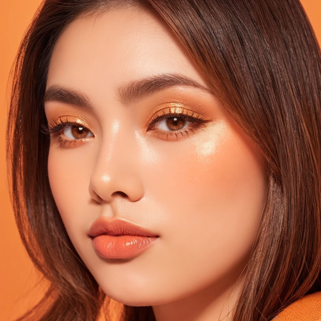 A close-up profile portrait of a Japanese woman in a studio setting, her face and gaze directed to her right (viewer's left). Her expertly styled hair complements her warm-toned makeup.
The makeup is centered around vibrant, orange-based tones:
Eyes: Her visible eye is adorned with a gradient of warm eyeshadows, ranging from a soft peach to a deeper burnt orange in the crease. A touch of shimmering gold highlights the inner corner and center of the lid. Her eyeliner is a rich bronze, softly smudged for a sultry effect.
Eyelashes: Voluminous and perfectly curled lashes are coated with deep brown mascara, adding depth and drama to her gaze.
Eyebrow: Her eyebrow is well-defined and filled with a warm brown shade that complements the orange tones of her makeup.
Cheeks: A coral-orange blush is applied to the apples of her cheeks, extending towards her temples for a sun-kissed glow.
Lips: Her lips are painted with a luscious orange-tinted lip color, perhaps a warm terracotta or a juicy tangerine shade. The finish is glossy, adding dimension and allure.
Her skin has a dewy finish, enhancing the warm, summery vibe of the makeup. The portrait stops at her shoulders, with no hands visible.
The studio lighting is warm and golden, further amplifying the orange tones of her makeup. It creates a soft, flattering glow on her skin and highlights the dimensional aspects of her eye makeup.
The background is a clean white, which allows the warm, orange-based makeup to pop and become the focal point of the image. There are no other elements in the background, ensuring all attention is on the subject and her vibrant makeup.