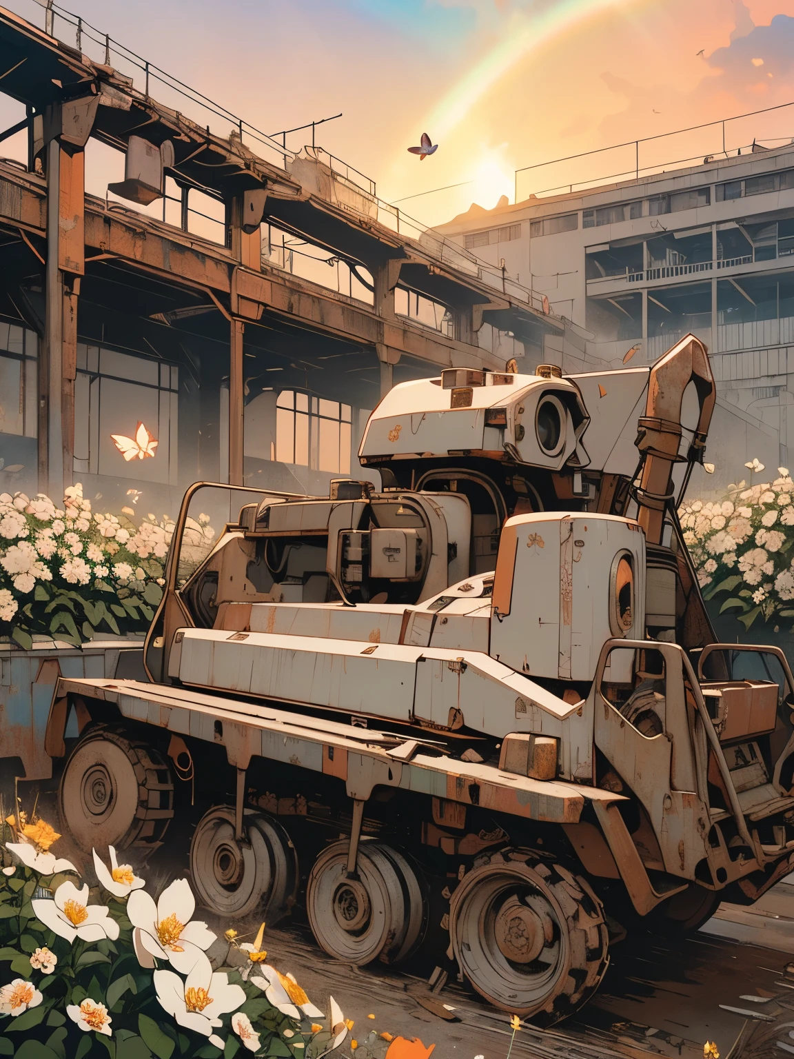 Detailed Machinery、Abandoned Factory、Atrium、(((White Flower Field)))、(((Rusty heavy equipment)))、Gorgeous light leaks、(((Sunset)))、fog、Detailed Background、Highest quality、(((No humans)))、Broken heavy machinery、Complex heavy machinery、Faint lighting、(((Fluttering white petals)))、sunset、(((Dull colors)))、(((Rusty detailed heavy machinery)))、(((Many white flowers fly)))、(((Heavy machinery buried in flowers)))、(((Lots of butterflies)))、(((There is one rainbow)))
