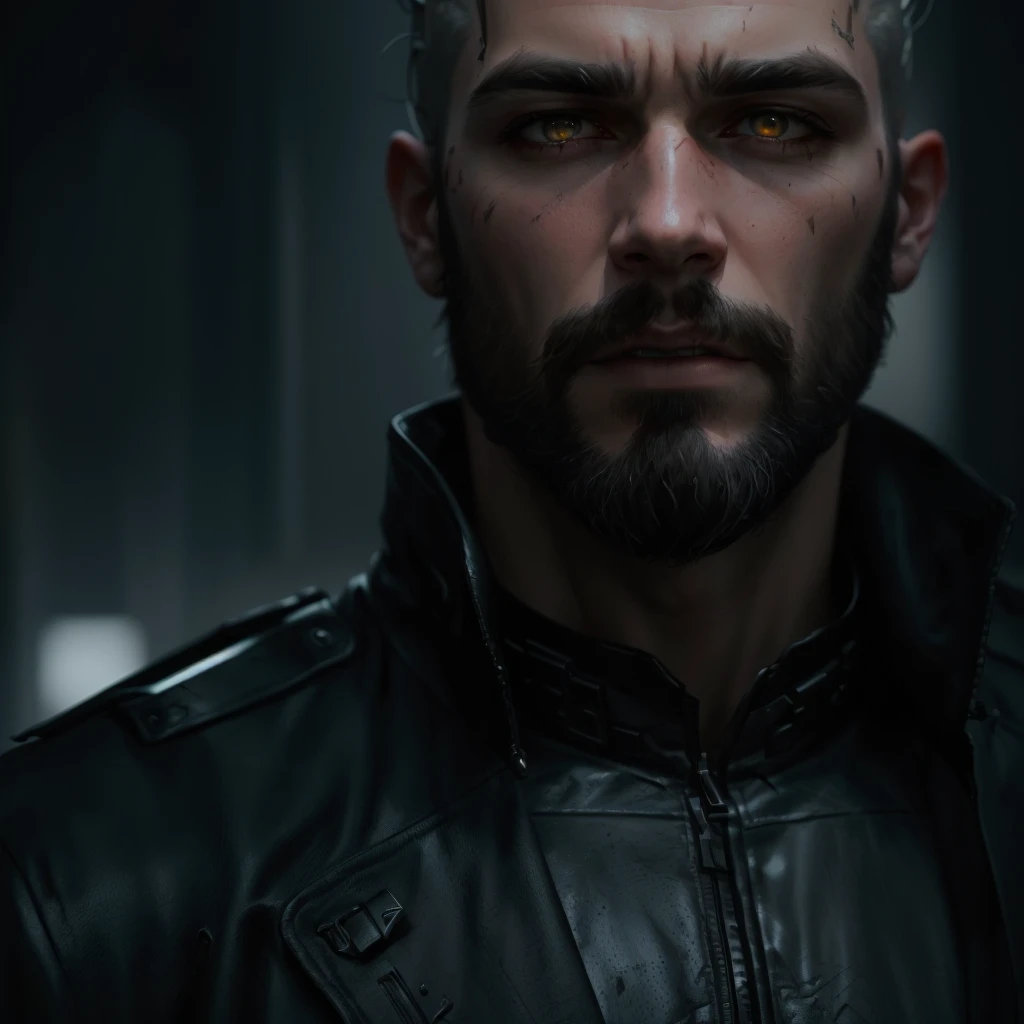 there is a man with a beard and a leather jacket, cyberpunk art ultrarealistic 8k, portrait of a cyberpunk man, hyper-realistic cyberpunk style, 8k portrait render, cyberpunk style , hyperrealistic, highly detailed vfx portrait, dystopian sci-fi character, cinematic realistic portrait, hyper realistic sci fi realistic, cyberpunk portrait, portrait of a cyberpunk cyborg,male, bald,scruffy black beard,fire eyes, pale skin, vampire, singing, fantasy art,epic portrait illustration, cinematic realistic , feeding at night , portrait, realistic digital art 4 k, realistic digital art 4k, cinematic digital painting, ultra realistic concept art, very detailed digital painting, 4k concept art and hyper realism, cyberpunk art ultrarealistic 8k, emotional concept art, vampire