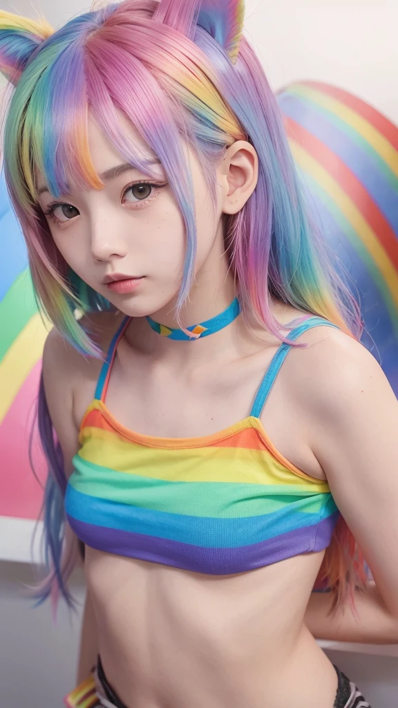 （Pink fashion T-shirt：1.9），（Colorful hair：1.8），（Rainbow all colors：1.8），（（（（Vertical painting：1.6)）），（painting of a：1.6），frontage，comic strip,illustration,painting of a,largeeyes,crystal-clear,（rainbow color gradient high ponytail：1.7）,Delicatemakeup,Keep one's mouth shut,(Small Fresh:1.5),(Bandeau:1.6),long eyelasher,White shoulder T- shirt, White Shoulder Shirt，looking at viewert，watery big eyes，A plump chest，cleavage，(rainbow colour hair：1.6), colored splashing, （Solo：1.8）, colored splashing, Color explosion, Color splattering, Color explosion, Thick lacquer style，Messy lines，((Shining)) ，(Colorful), (Colorful), (Colorful), Colorful, Thick Paint Style, (Splash) (colored splashing), Vertical painting, Upper body, paint splatter, Acrylic Pigment, Gradient, Paint, Highest image quality, Highest image quality, Masterpiece, Solo, Depth of field, facepaint, Colorful clothes, (ellegance: 1.2), opulent, long whitr hair, ventania, (ellegance: 1.3), (petals: 1.4)，(((Masterpiece))),(((Best quality at best))),((ultra - detailed)),(illustratio),(dynamic angle),((floatking)),(Paintwork),((Loose hair)),(Solo),(1girll) , (( (Detailed anima face))),((Beautiful detailed face)),collars,exposed bare shoulders,whaite hair,((The color hair)),((Striped hair)),Beautiful detailed eyes,(Gradient color eyes),(( （Colored eyes））），（（（coloured background））），（（（high saturated））），（（（Surrounded by colorful splashes））），