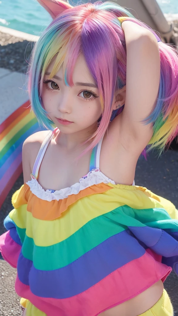 Gal　Cute Girls　(rainbow color hair:1.3)　　Dog ears