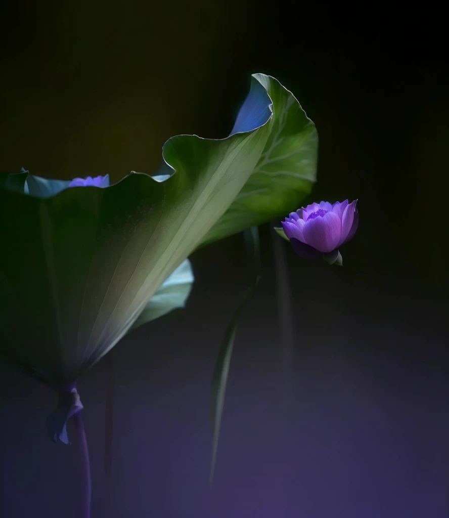 Purple flowers blooming in a dark room,The background is black, Paul Batson, lotus, Surreal Waizi Flowers, lotus瓣, Glowing delicate flowers, blue and purples and greens, purples and greens, by Xie Shichen, Green and purple, lotus, by Liang Kai, author:Shi Rui, author:Stefan Lochner, author Shang Xi