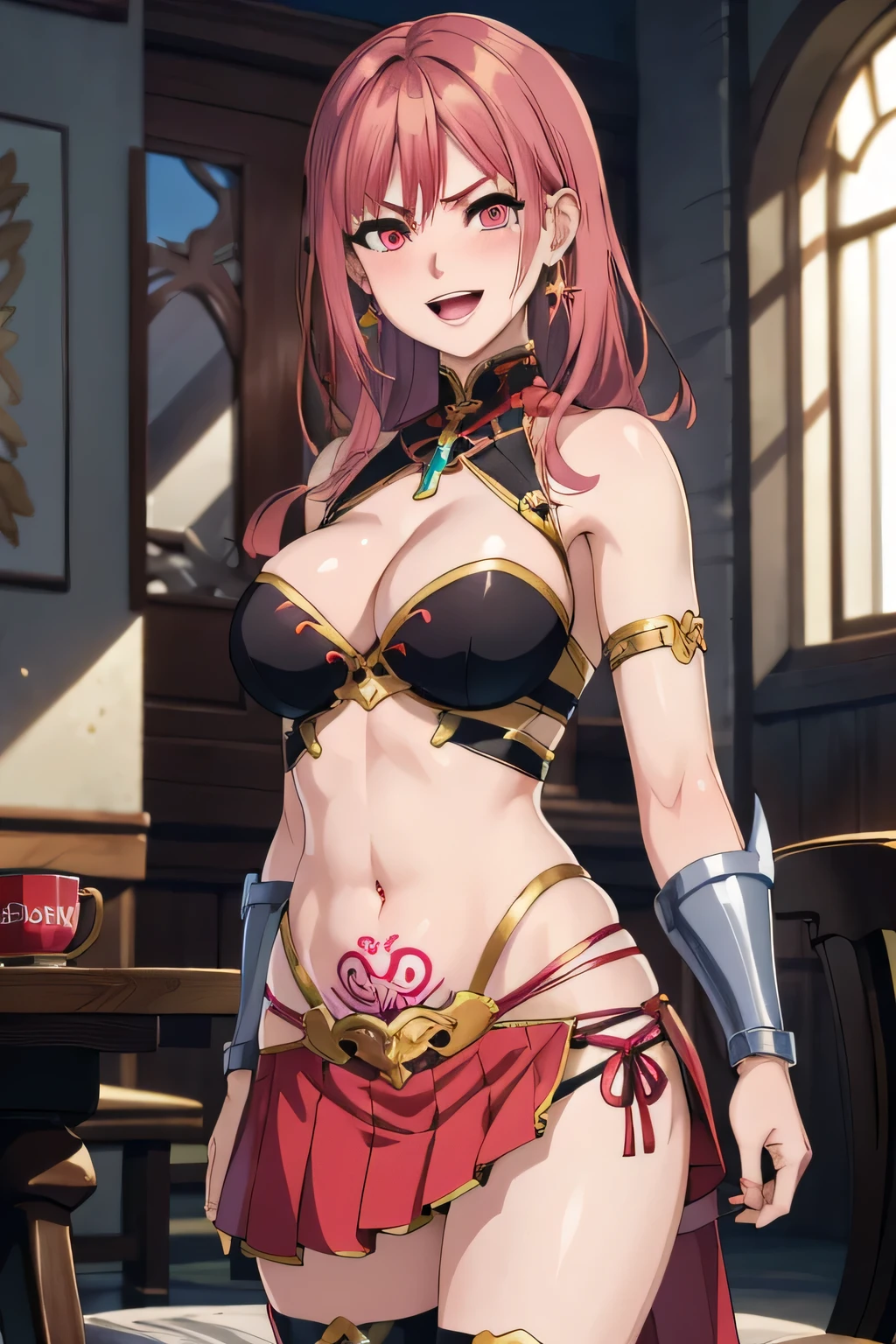 honoka, long hair, blush, lipstick, jewelry, earrings, Hot girl, baddie, staring, glaring, bad attitude, mean girl, dare, angry, hate, crazy, hot, smoking, sexy, sensual, slutty, attractive, tattoo, e girl , blush, lipstick, masterpiece, best quality, highly detailed, fantasy , a anime girls in armored dress holding a sword
posing for a picture, evil smile, smile, open mouth, breastplate with open cleavage, cleavage, warrior
outfit, ecchi anime style, anime girls, ecchi style, ecchi, digital anime art!!, in
anime style, official artwork, visual novel cg, beautiful anime girl, anime style 4 k , loincloth, exposed
belly, exposed navel, exposed midriff, exposed lower belly, pencil skirt armored, castle,inside castle