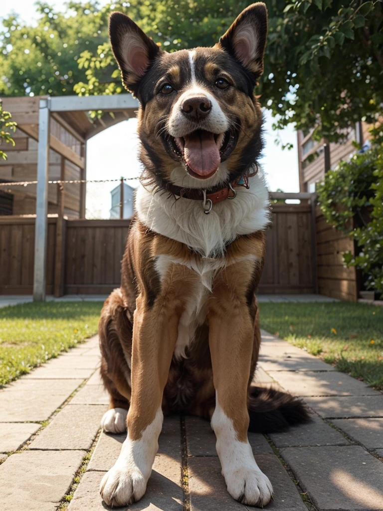 Create an image of a dog balancing on its front legs while sitting down. The dog should be in a playful and energetic pose, with its hind legs tucked under its body and its front legs supporting its weight. The background should be a colorful and vibrant outdoor scene, such as a park or garden, with plenty of greenery and sunlight. The dog should have a joyful expression, with its tongue out and eyes bright, conveying a sense of fun and excitement. Ensure the fur texture and details are realistic and the lighting highlights the dog's playful demeanor
