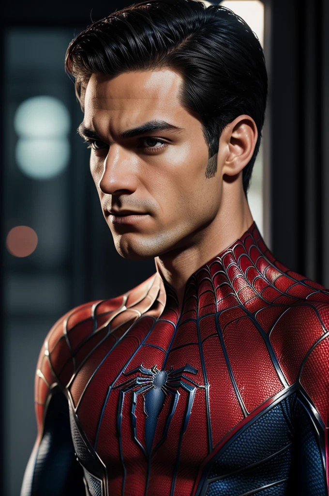 A photograph of Spider-Man., sin mascara, the 20s, elegant, detailed face, looking to the camera, portrait, 8k hd, High quality With JEFF Cerón logo 