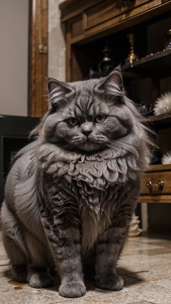 A fluffy grey persian cat with oily fur looking unhappy, realistic