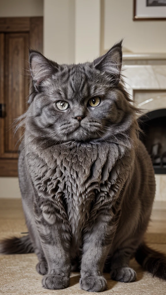 A fluffy grey persian cat with oily fur looking unhappy, realistic