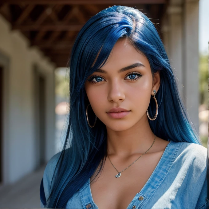 A photorealistic portrait of an 18-year-old Brazilian girles confidently into the distance with striking blue hair, piercing blue eyes, and a, fashionable outfit. The image should be a close-up shot, focusing on her unique features, 8k hdr, high detailed, with subtle hints of her Brazilian heritage incorporated in the background.