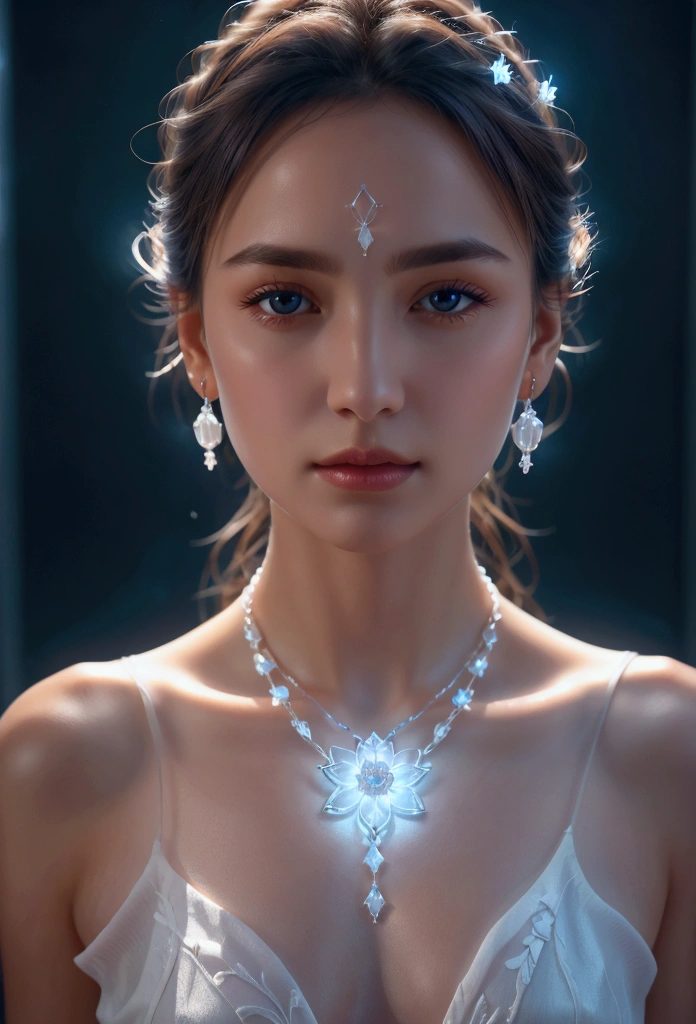 advertising photo, A flower made of cold, frozen light, Shiny beautiful earrings and necklace_Center close-up angle, Mysterious background with small particles of natural light emitting light, ultra high resolution, 8k, Very detailed details, Product detailed image, surreal photo, the greatest masterpiece:1.2,
