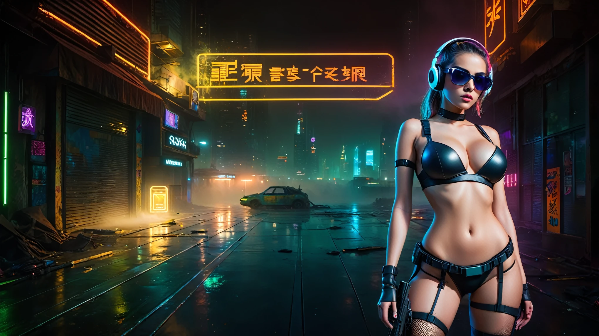 dark futuristic landscape, at night, neon lights, Atmospheric fog, large buildings in the background, futuristic city, streets with open shops, skyscraper (postapocalyptic city:1.3). (((1girl, solo, alone))), large-breast:1.2 slim body, cleavage:1.1, sexy miniskirt, (((headphone, black sunglasses, standing and holding pistol pose))), (((half-body thigh level medium shot))), cinematic lighting, lens flare, ray tracing.