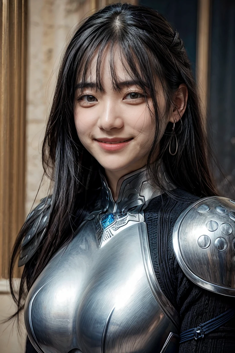 1girl, armor, black_hair, blurry, blurry_background, blurry_foreground, breasts, blue_eyes, closed_mouth, depth_of_field, earrings, jewelry, long_hair, looking_at_viewer, smile, solo, upper_body