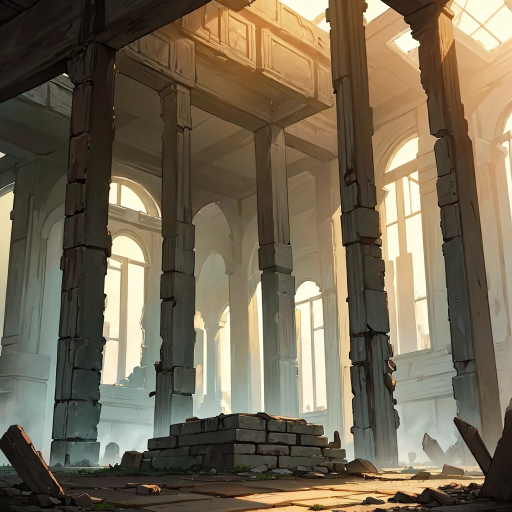 ((((No humans))))、Best illustrations、Best Quality、(Ancient ruins、desert、Grass)、floor、(middle ages)、battlefield、rubble、destruction、(The glittering interior of the temple、indoor)、From below、Hole in the ceiling