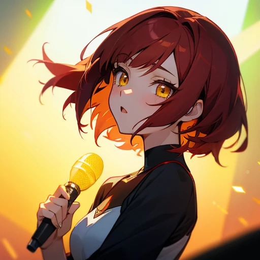 anime girl with short deep red hair, yellow eyes, singing at a concert, detailed eyes, ultra detailed, , high quality, vibrant colors,