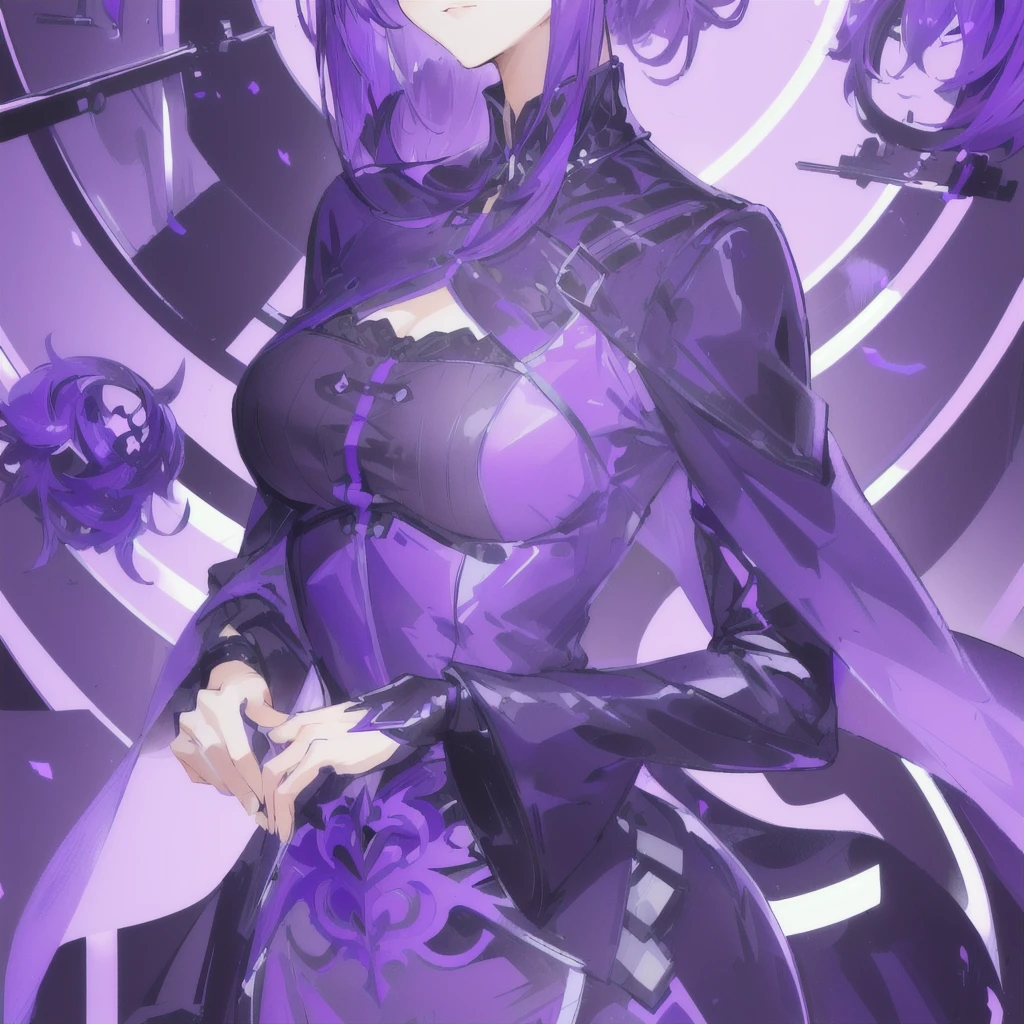 girl with short WHITE hair, purple eyes, black short dress with purple lighting around her, highly detailed high contrast hd masterpiece of best quality in high resolution