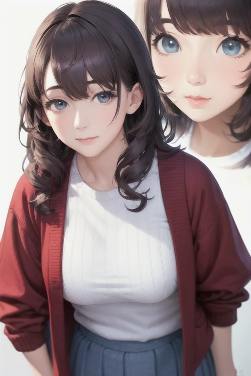girl,Character design sheet,Beautiful attention to detail,Beautiful lip detail,Very detailed目と顔,Long eyelashes,Realistic,photoRealistic:1.37,Very detailed,Professional,Vibrant colors,Portraiture,Studio Lighting,Sharp focus,Physically Based Rendering,High resolution,超High resolution. blue eyes,Big eyes， Long Hair，Curly hair、Black Hair，Red cheeks，Droopy eyes，Large Breasts，Jacket，Red cardigan，White Shirt，Small waist，Long skirt，