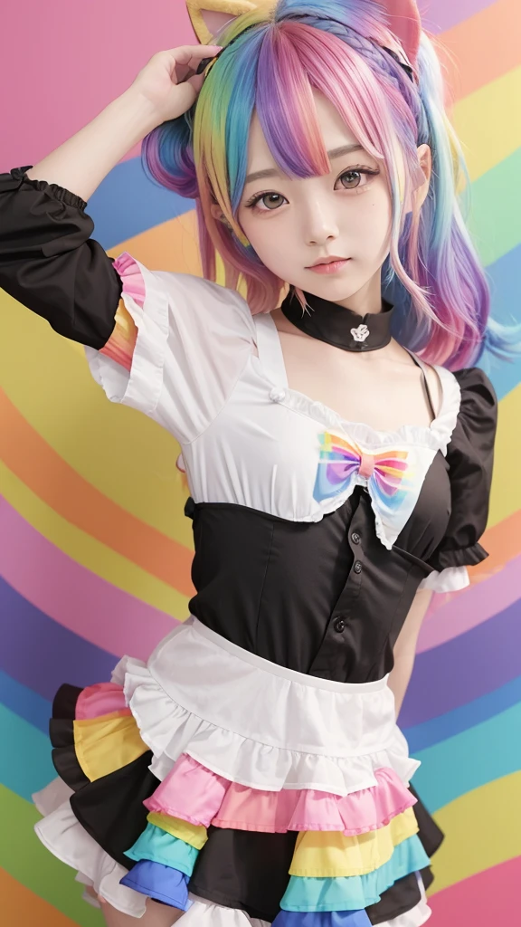 Gal　Cute Girls　(rainbow color hair:1.3)　　Dog ears　Maid Costume
