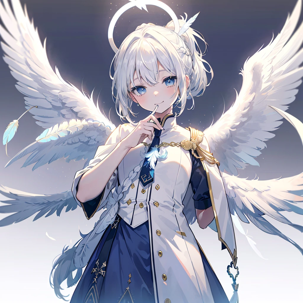 ((((Archangel、４Feathers、Angel Halo　Monotone background))))　(((uniform　White Hair、ponytail　White skin、blue eyes、Pop stareteors)))　((Pillar of Light))　(Tears　smile)　Shining Edge、Shining Background