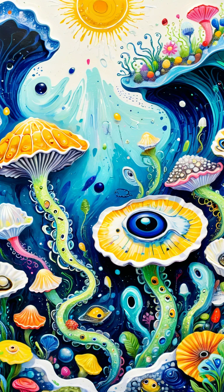 Children's graffiti,Thick coating，Concave and convex texture，Oil pastel strokes：Oysters、flowesh、Tentacles、bird、Eye、pearl、diatom，Abstract mosaic painting，Describing the inner world of autistic people，Sense of space，White Space，interesting，Innocence，Psychedelic Art，ultramarine
