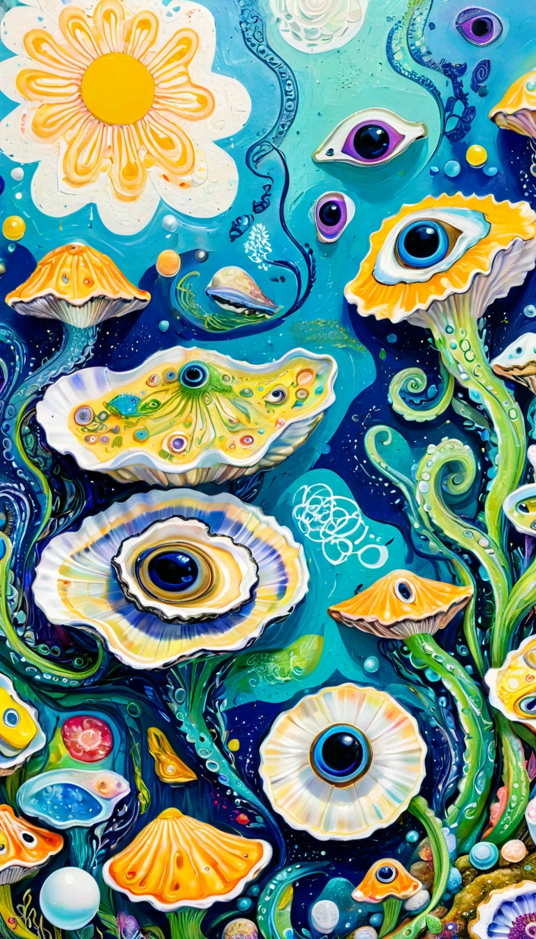 Children's graffiti,Thick coating,Concave and convex texture,Oil pastel strokes:Oysters、flowesh、Tentacles、bird、Eye、pearl、diatom,Abstract mosaic painting,Describing the inner world of autistic people,Sense of space,White Space,interesting,Innocence,Psychedelic Art,ultramarine